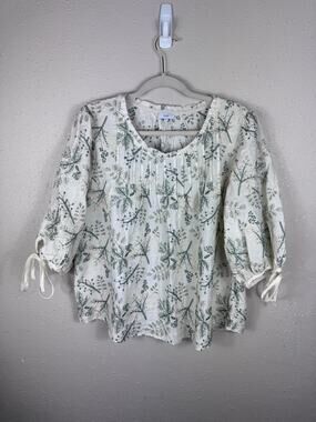 Voy Ivory & Olive Embroidered Top Womens Size  Large